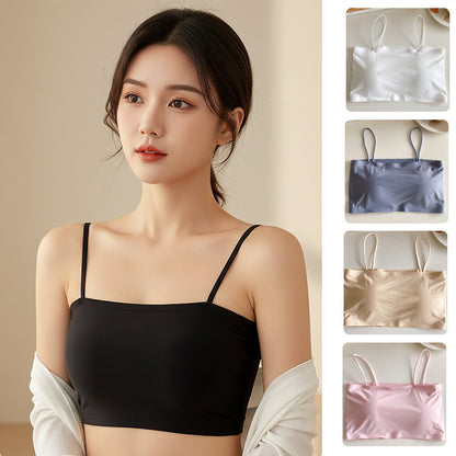 Short Seamless Ice Silk Camisole with Chest Pads, Comfortable and Breathable, No Rims, Beautiful Back Intimates, Bottoming Wrap, Breast Tube Top
