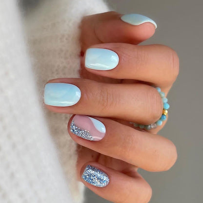 Short Sky Blue Sparkle Artificial Nails