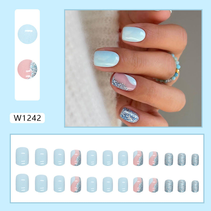 Short Sky Blue Sparkle Artificial Nails