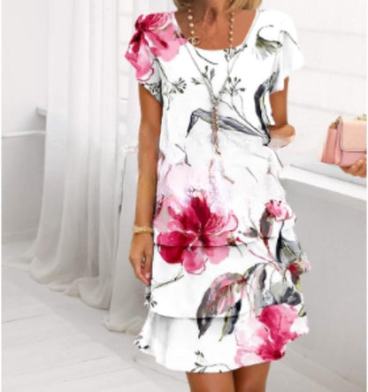Short Sleeve 3D Printed Chiffon Dress
