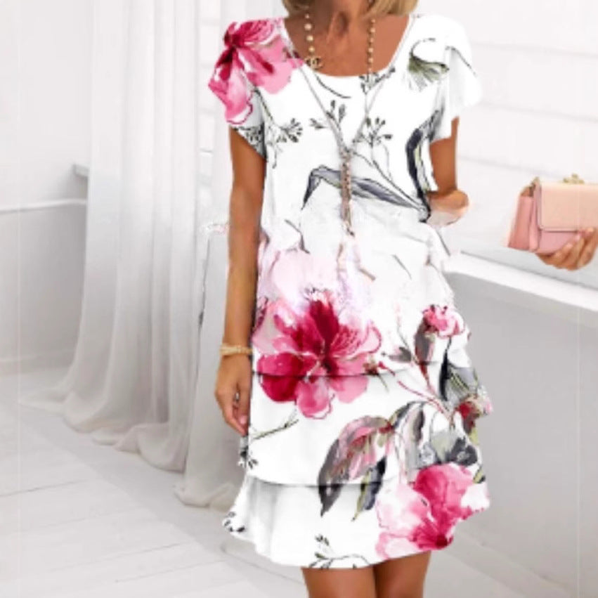 Short Sleeve 3D Printed Chiffon Dress