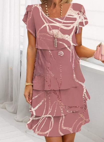 Short Sleeve 3D Printed Chiffon Dress