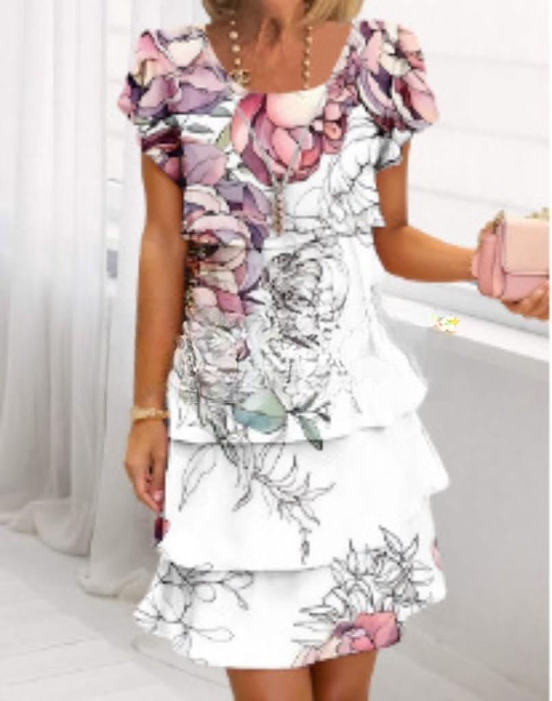 Short Sleeve 3D Printed Chiffon Dress