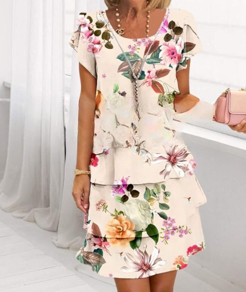 Short Sleeve 3D Printed Chiffon Dress