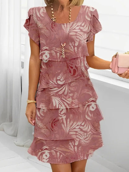 Short Sleeve 3D Printed Chiffon Dress