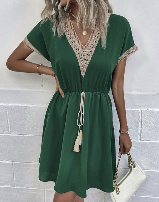 Short Sleeve Lace Trim V-Neck Dress