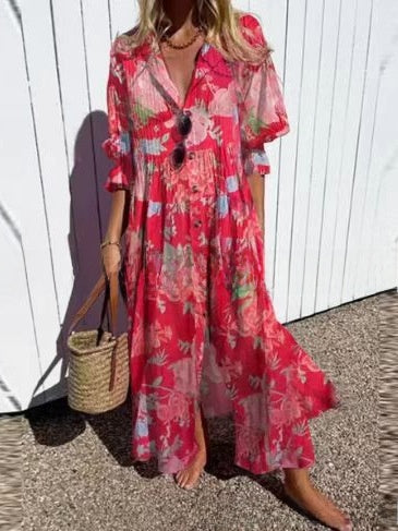 short sleeve lapel single-breasted long casual dress
