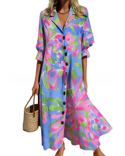 short sleeve lapel single-breasted long casual dress