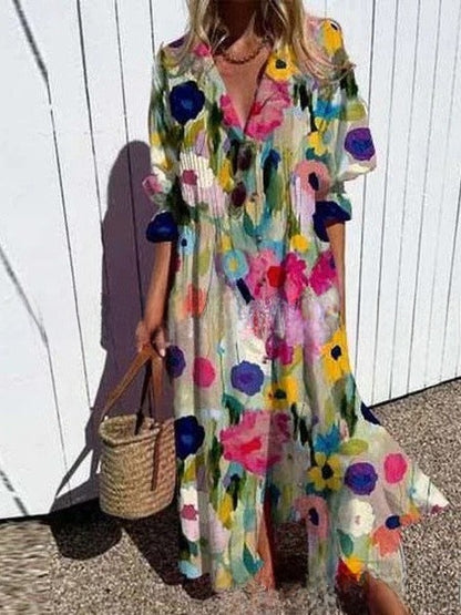 short sleeve lapel single-breasted long casual dress