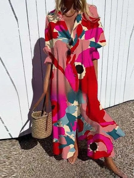 short sleeve lapel single-breasted long casual dress