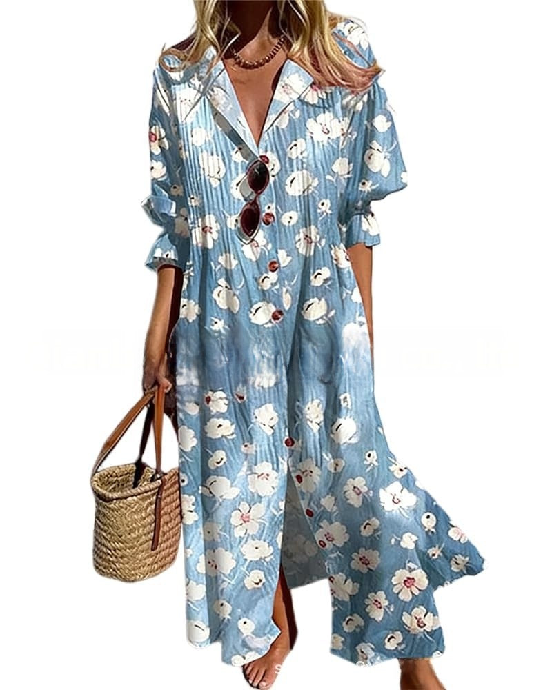 short sleeve lapel single-breasted long casual dress