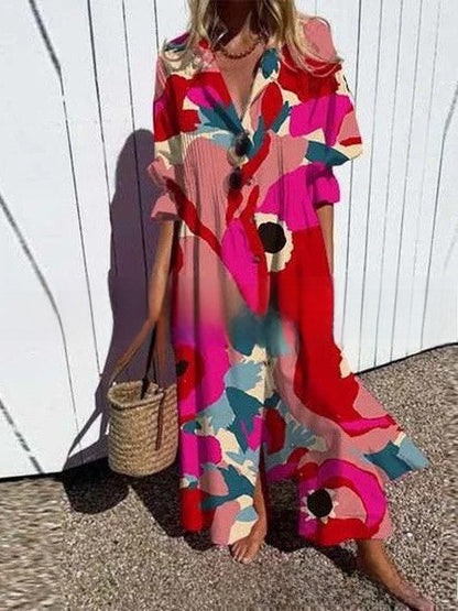 short sleeve lapel single-breasted long casual dress