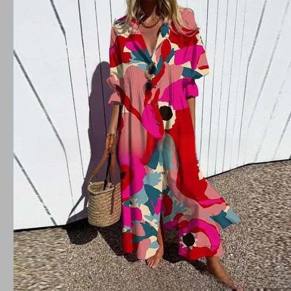 short sleeve lapel single-breasted long casual dress