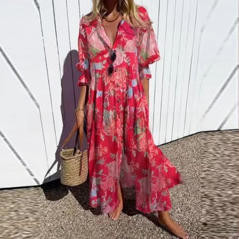 short sleeve lapel single-breasted long casual dress