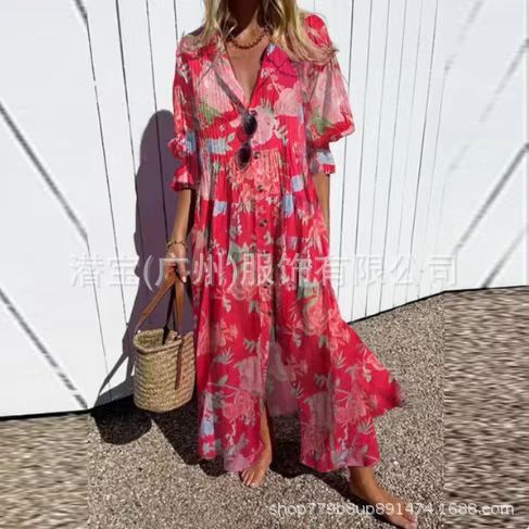 short sleeve lapel single-breasted long casual dress