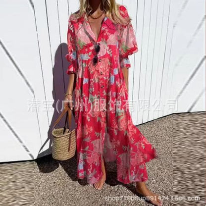 short sleeve lapel single-breasted long casual dress