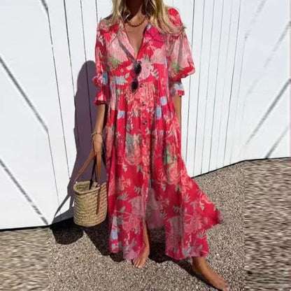 short sleeve lapel single-breasted long casual dress