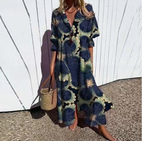 short sleeve lapel single-breasted long casual dress