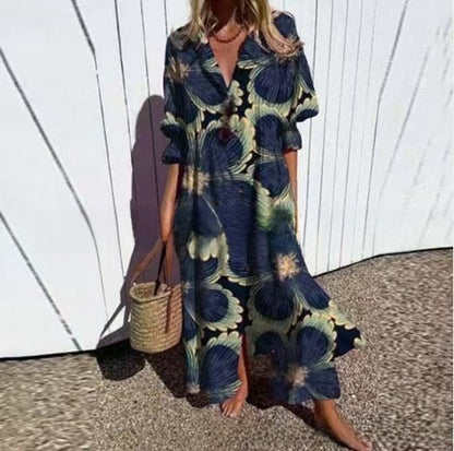 short sleeve lapel single-breasted long casual dress