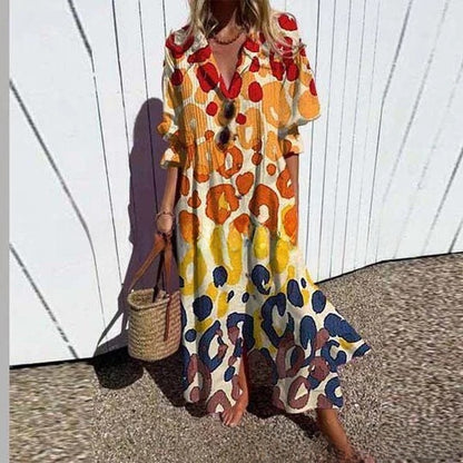 short sleeve lapel single-breasted long casual dress
