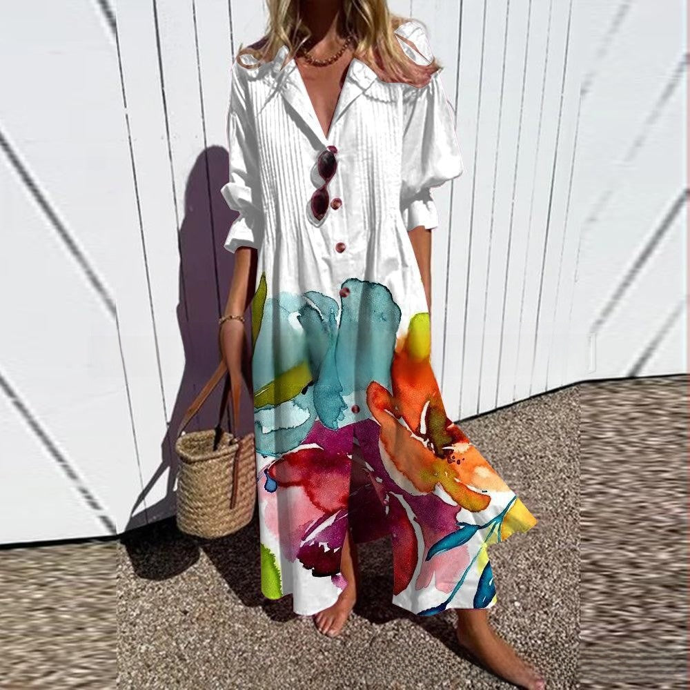 short sleeve lapel single-breasted long casual dress