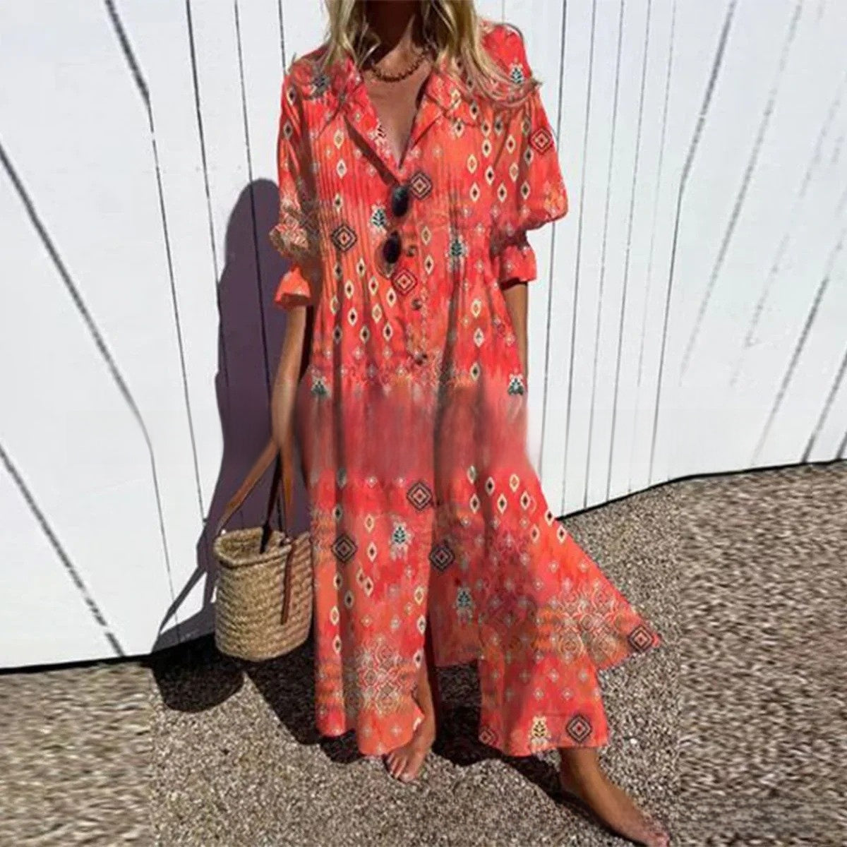 short sleeve lapel single-breasted long casual dress