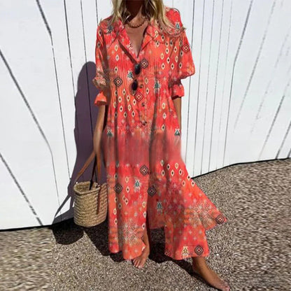 short sleeve lapel single-breasted long casual dress