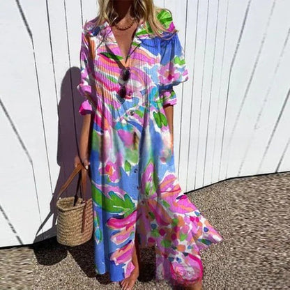 short sleeve lapel single-breasted long casual dress