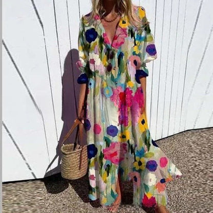 short sleeve lapel single-breasted long casual dress