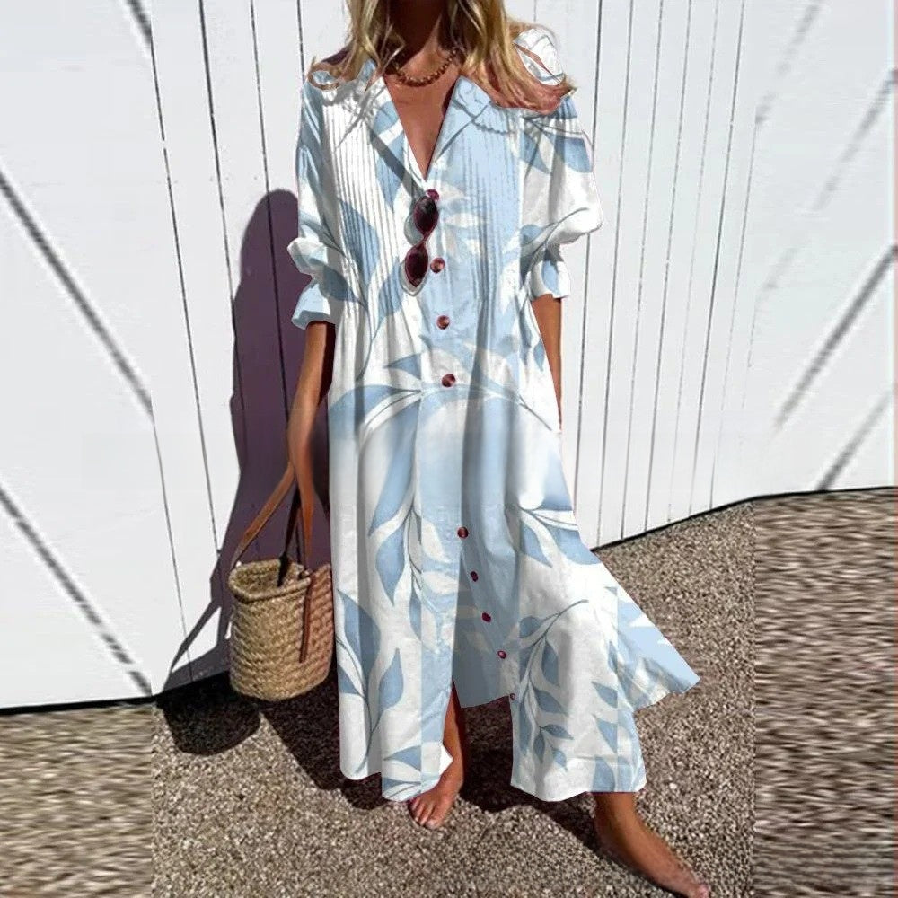 short sleeve lapel single-breasted long casual dress