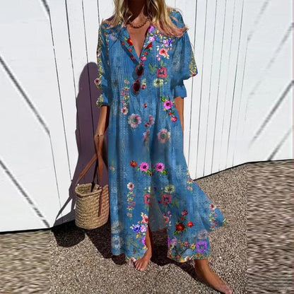 short sleeve lapel single-breasted long casual dress