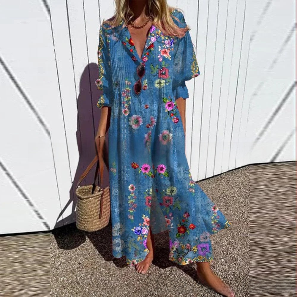 short sleeve lapel single-breasted long casual dress