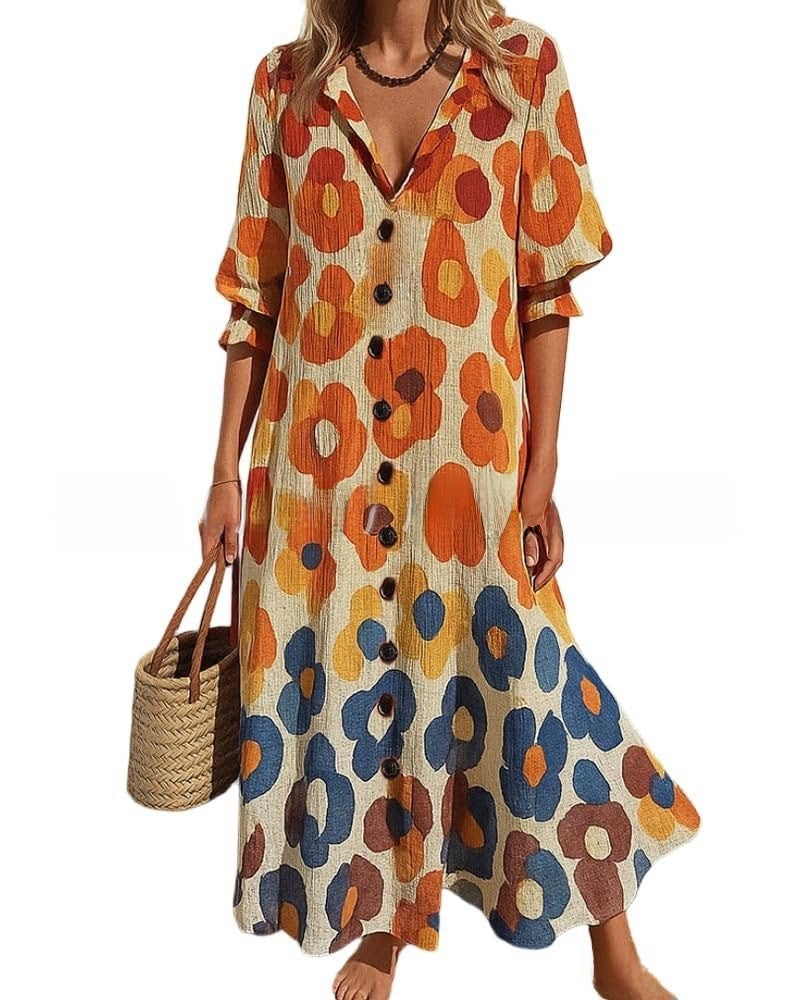 short sleeve lapel single-breasted long casual dress