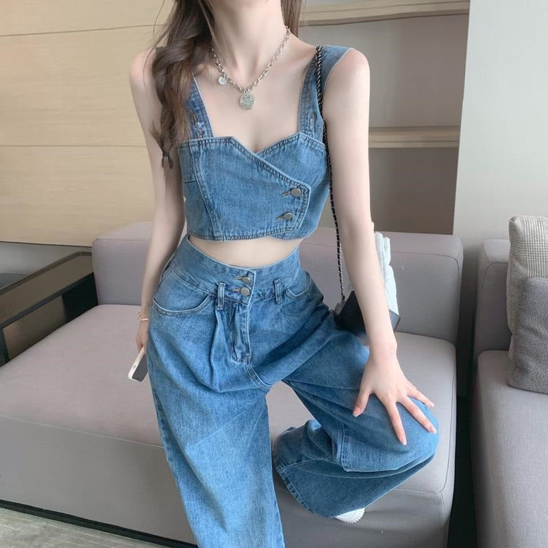 Short-sleeved bandeau tank top denim set