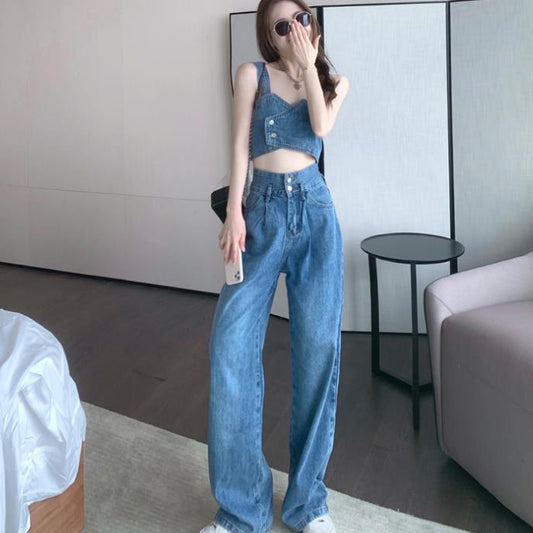 Short-sleeved bandeau tank top denim set