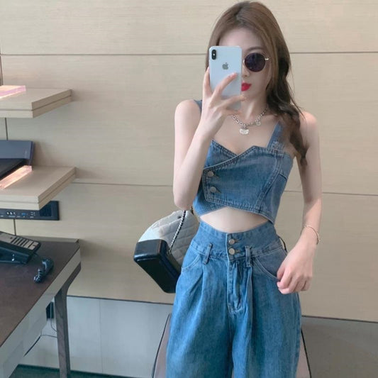 Short-sleeved bandeau tank top denim set