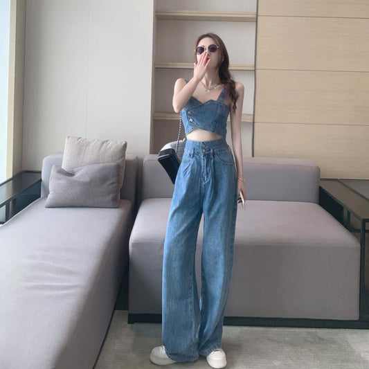 Short-sleeved bandeau tank top denim set