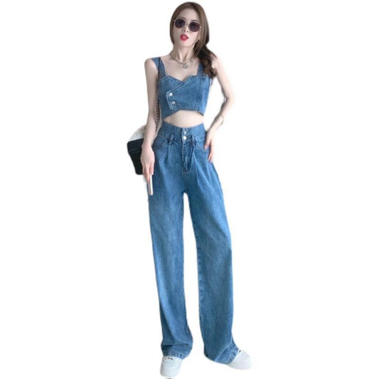 Short-sleeved bandeau tank top denim set