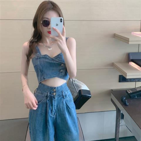 Short-sleeved bandeau tank top denim set