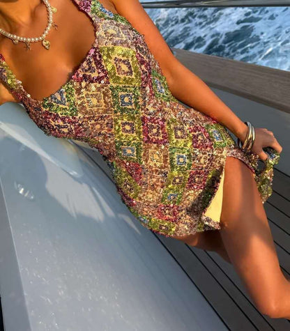Short-Sleeved Colorful Rhombus Sequin Slit Bodycon Sexy Dress