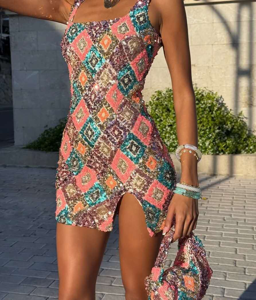 Short-Sleeved Colorful Rhombus Sequin Slit Bodycon Sexy Dress