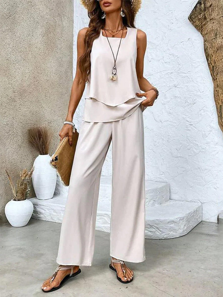 Short-sleeved double-layer vest pants