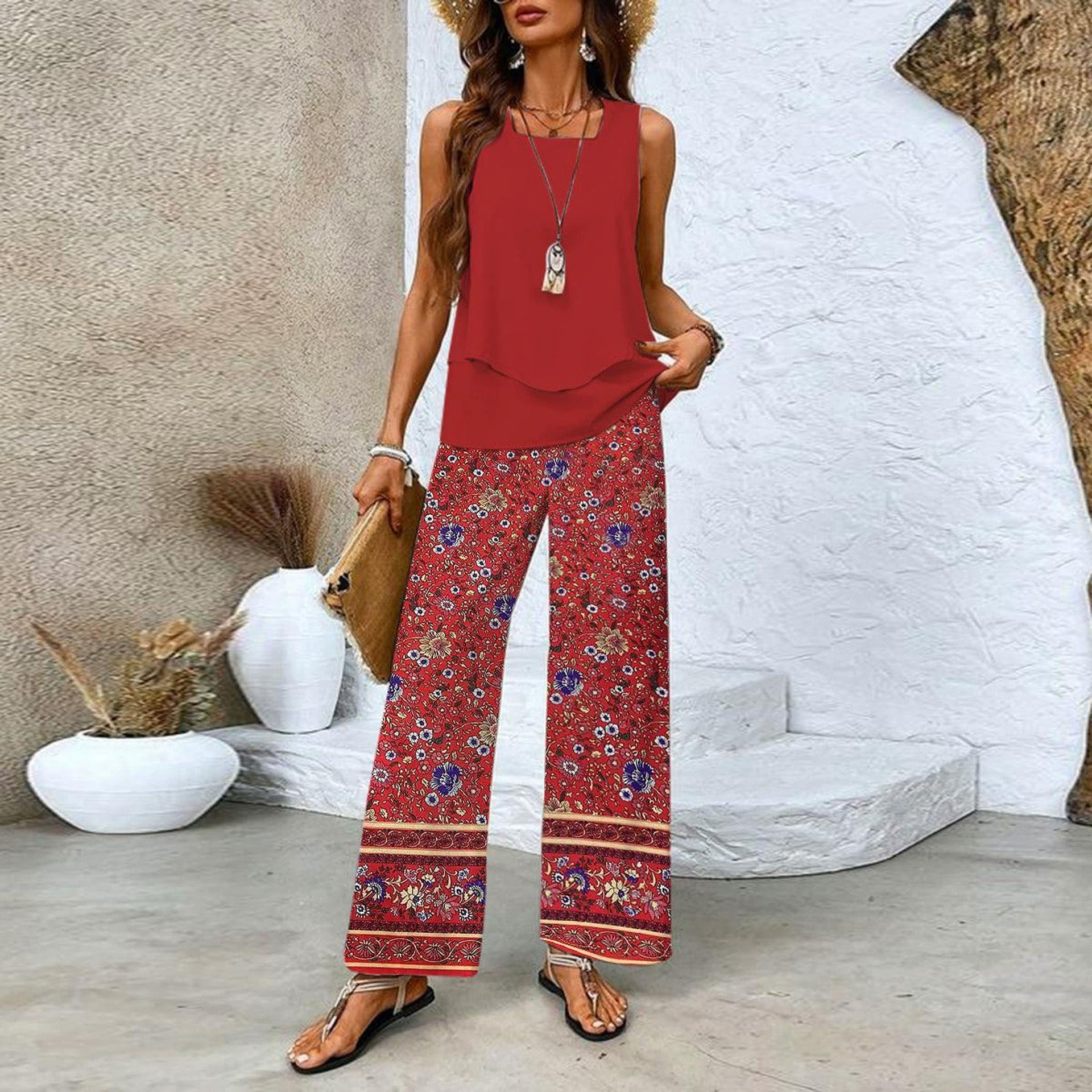 Short-sleeved double-layer vest pants