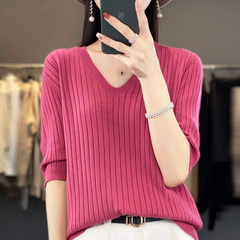 Short-Sleeved Knitted Bottoming Shirt for Women