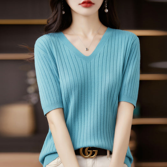 Short-Sleeved Knitted Bottoming Shirt for Women