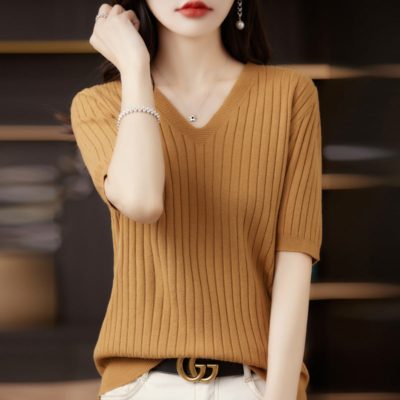 Short-Sleeved Knitted Bottoming Shirt for Women
