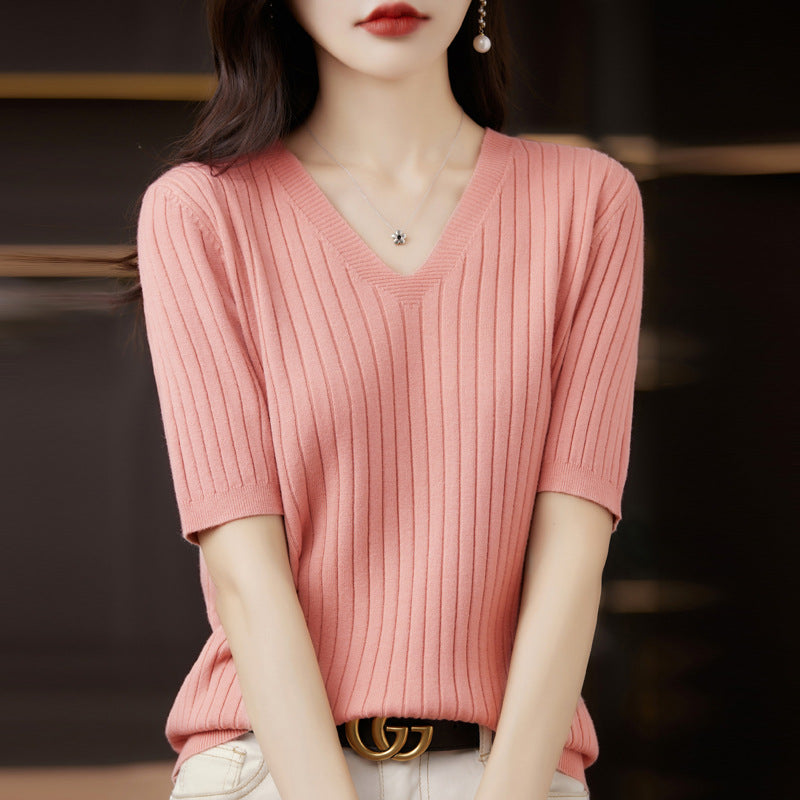 Short-Sleeved Knitted Bottoming Shirt for Women