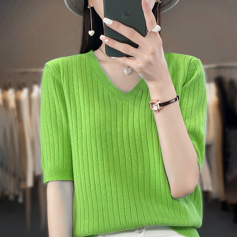 Short-Sleeved Knitted Bottoming Shirt for Women