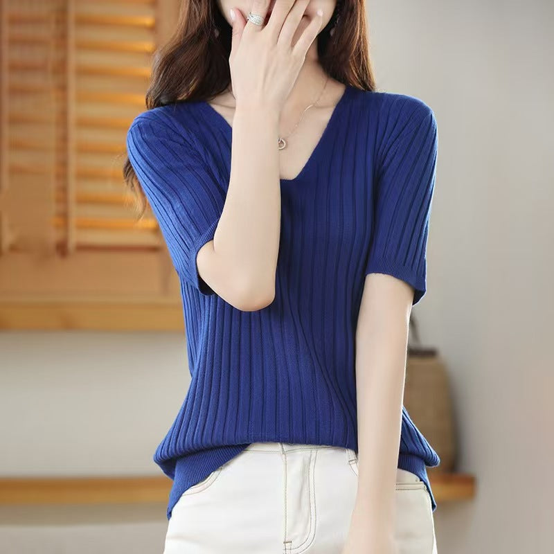 Short-Sleeved Knitted Bottoming Shirt for Women