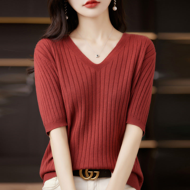 Short-Sleeved Knitted Bottoming Shirt for Women